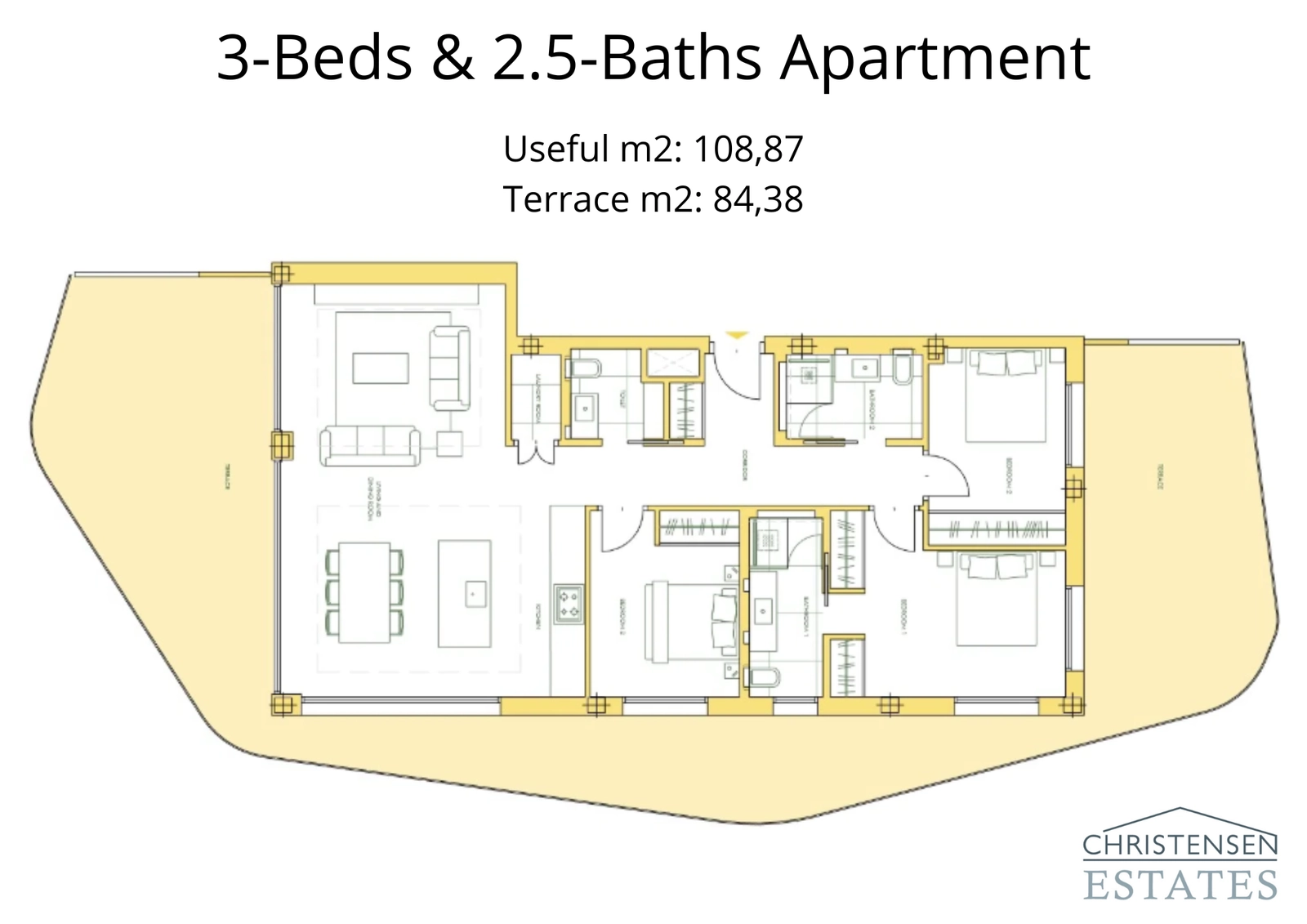 De plattegrond met drie slaapkamers biedt voldoende ruimte voor gezinnen, met een royaal terras dat perfect is voor buiten dineren en ontspanning.