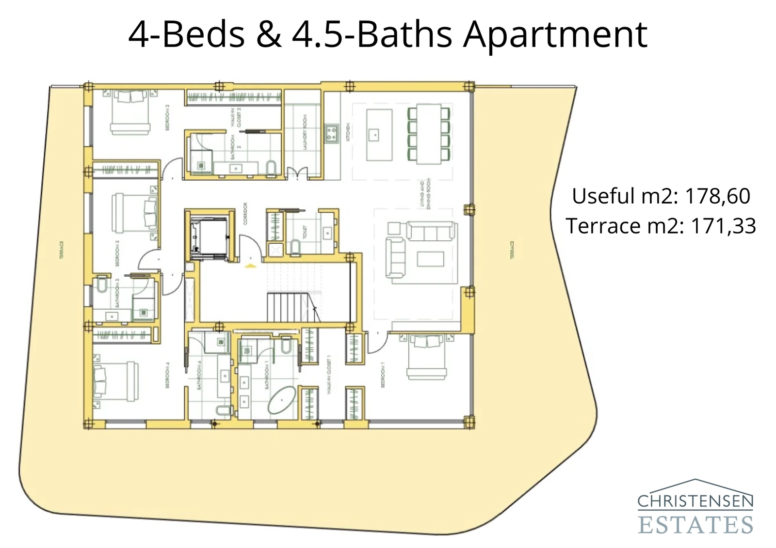 Een ruime penthouse-indeling met vier slaapkamers, ontworpen voor luxe wonen, met uitgebreide interieurs en een rondom gelegen terras.