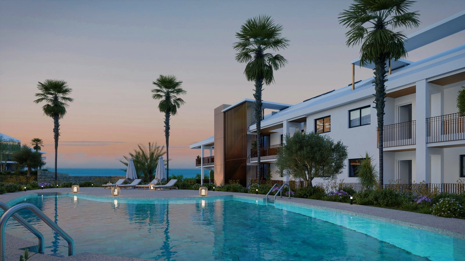 Het gemeenschappelijke zwembadgedeelte bij zonsondergang, een perfecte plek om te ontspannen en van de zonsondergang te genieten.