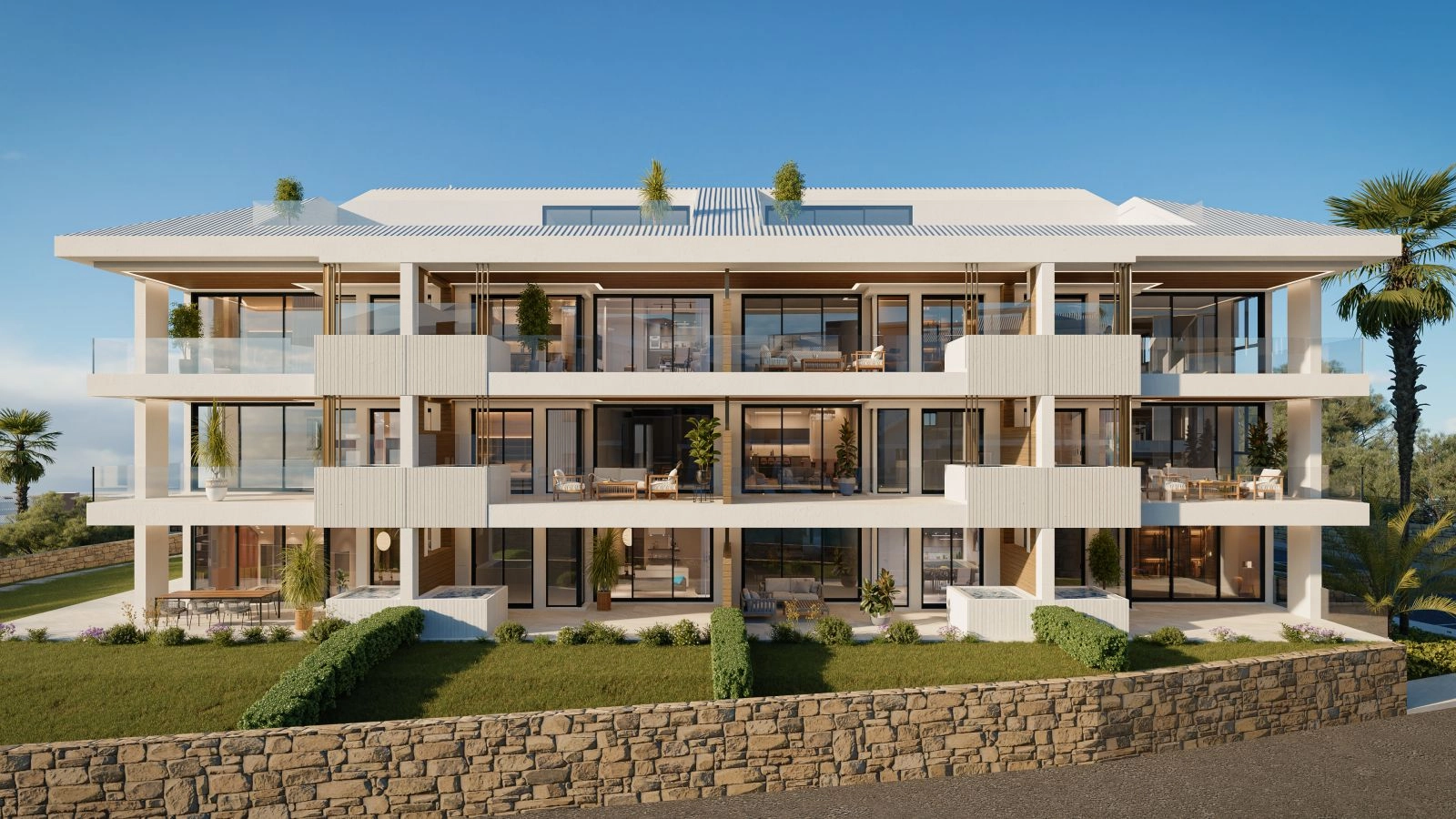 De eigentijdse architectuur van het complex, ontworpen om het uitzicht en natuurlijk licht te maximaliseren.