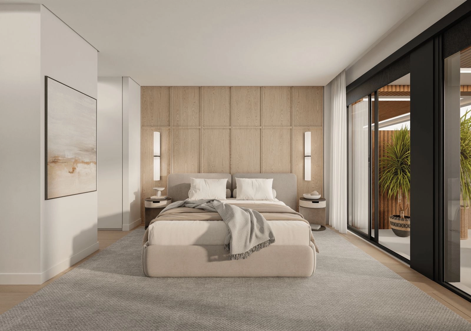 De rustige master suite biedt directe toegang tot het buitenterras en het uitzicht.