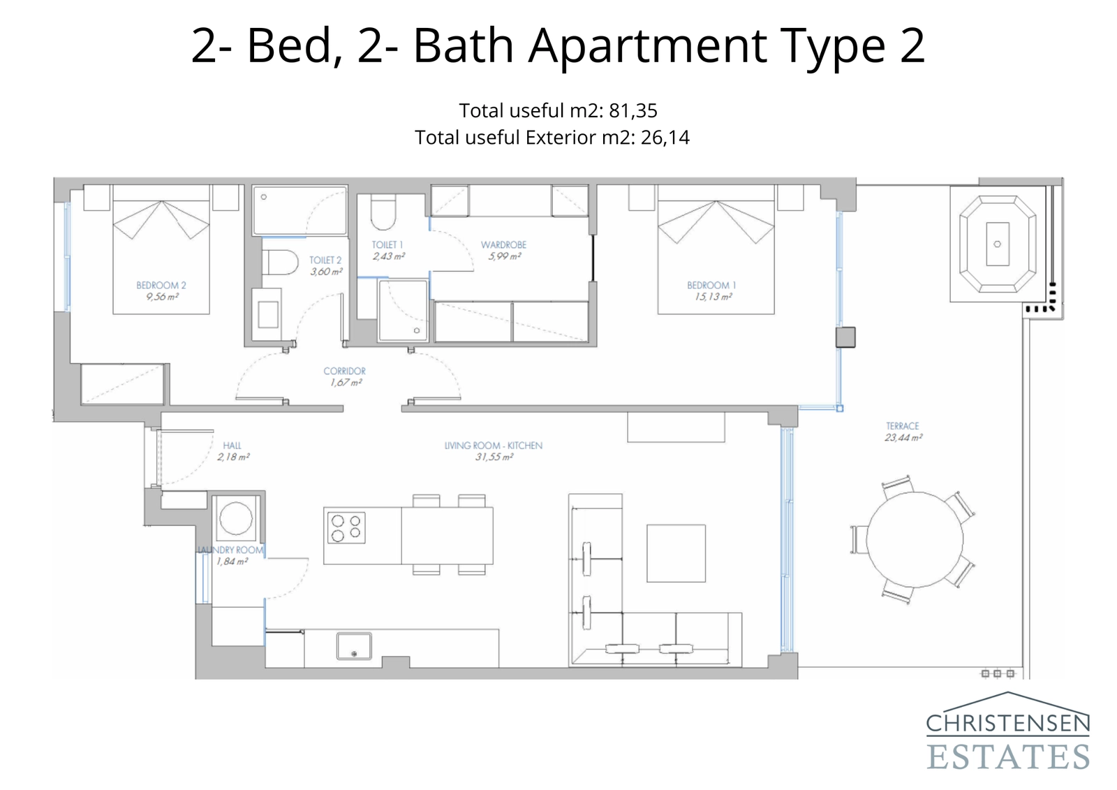 Een alternatief ontwerp voor een appartement met twee slaapkamers, met efficiënt ruimtegebruik en een privéterras om van het uitzicht te genieten.