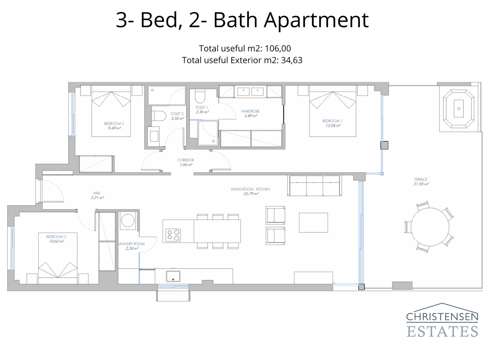 Royale plattegrond met drie slaapkamers, ontworpen voor gezinsleven, met een naadloze overgang tussen de woonruimtes en buiten.