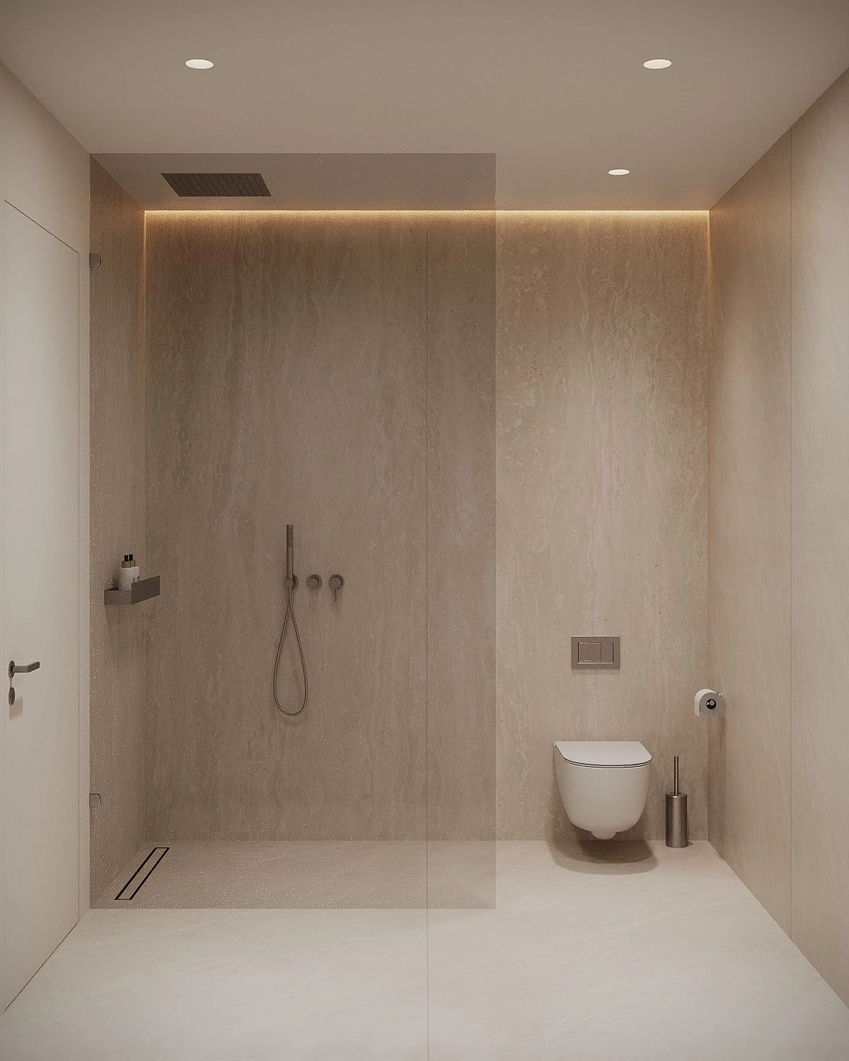 Een ongerepte badkamer, compleet met inloopdouche en minimalistische, hoogwaardige armaturen.