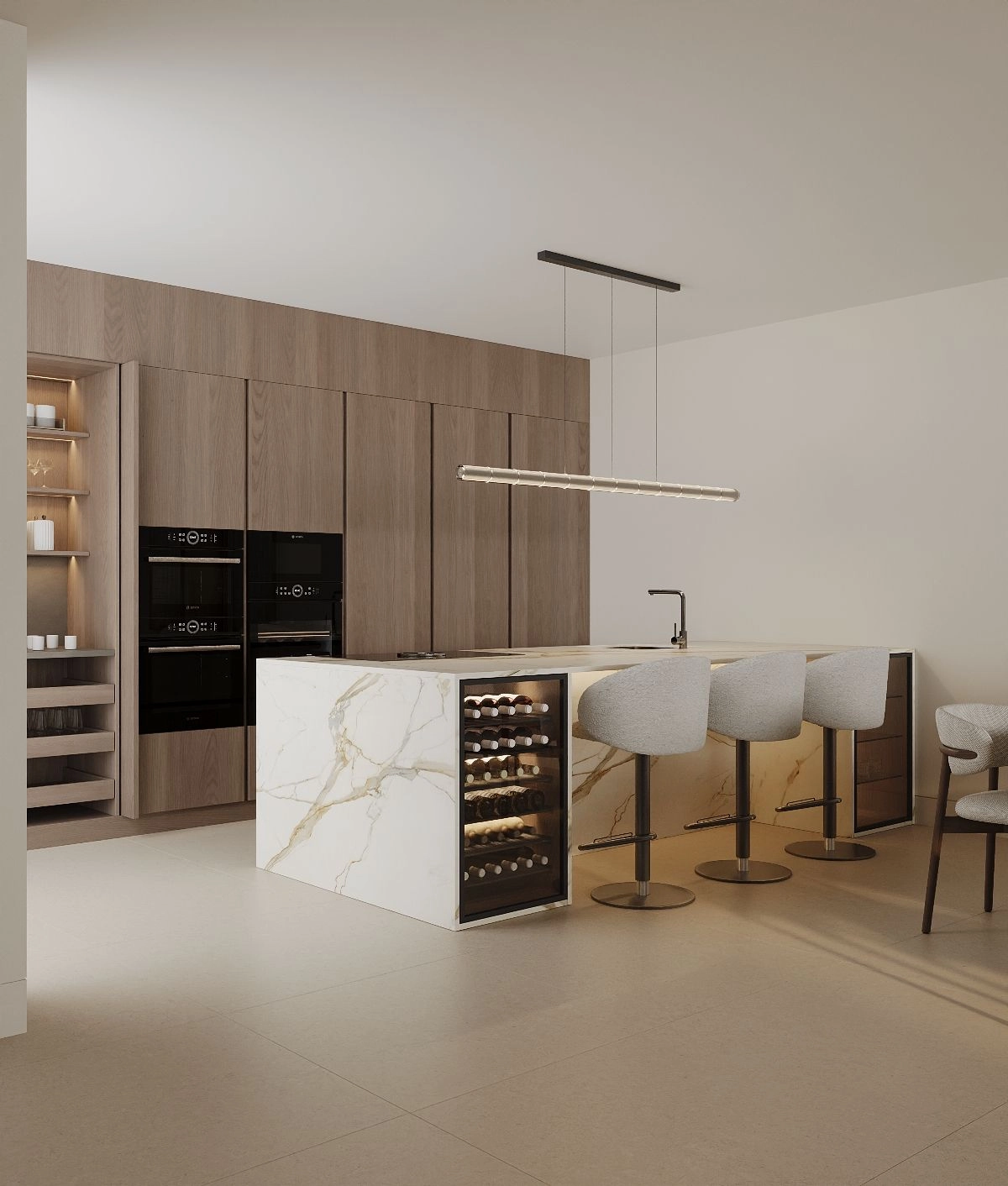 De gastronomische keuken is uitgerust met hoogwaardige apparatuur en een prachtig marmeren eiland met wijnkoeler.