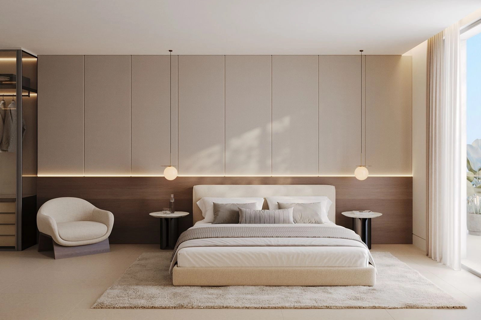 Een serene en ruime hoofdslaapkamer, ontworpen voor ultiem comfort en ontspanning.