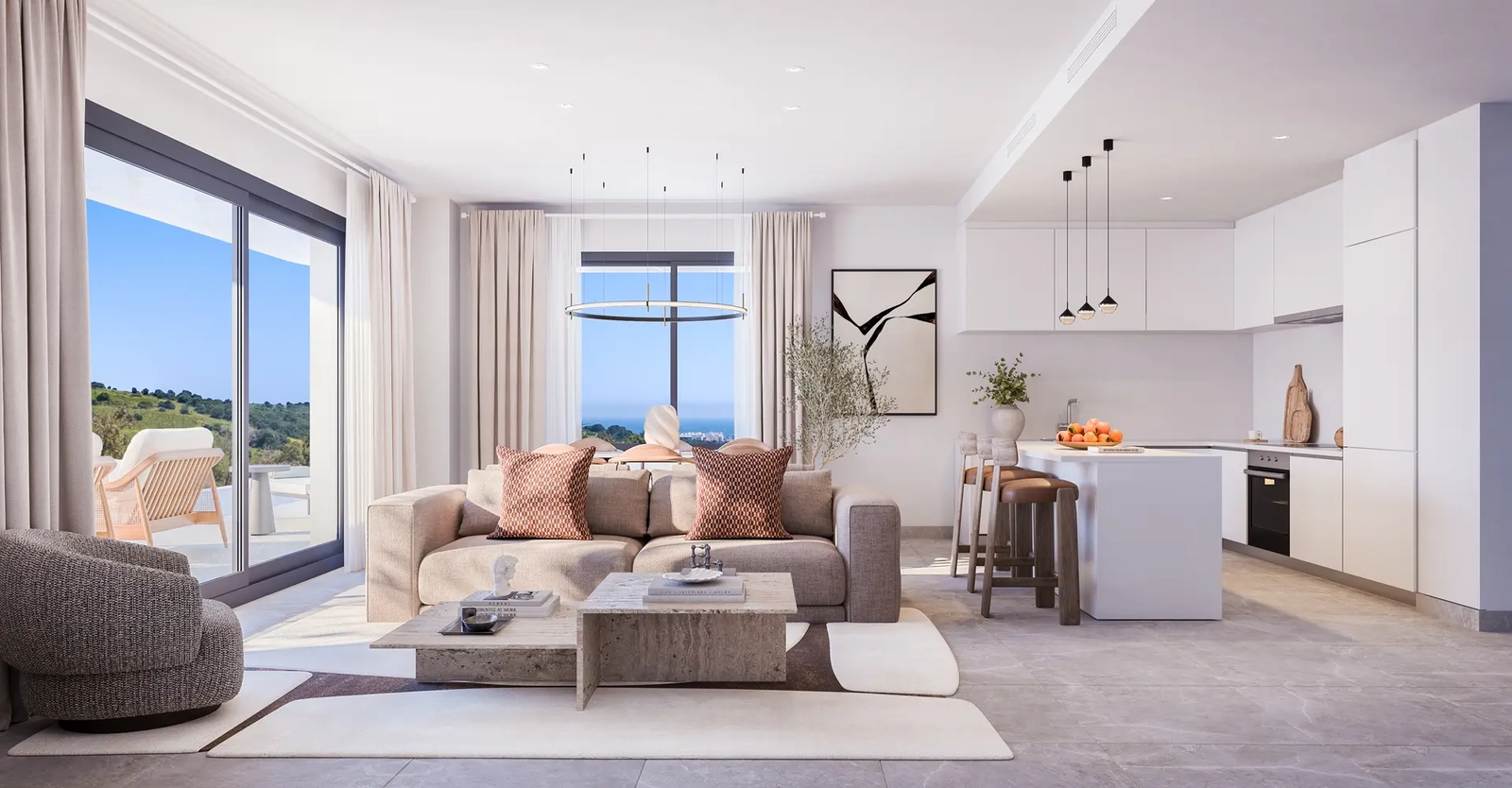 De lichte en ruime open woonkamer sluit naadloos aan op de keuken en creëert zo een perfecte ruimte voor modern wonen.