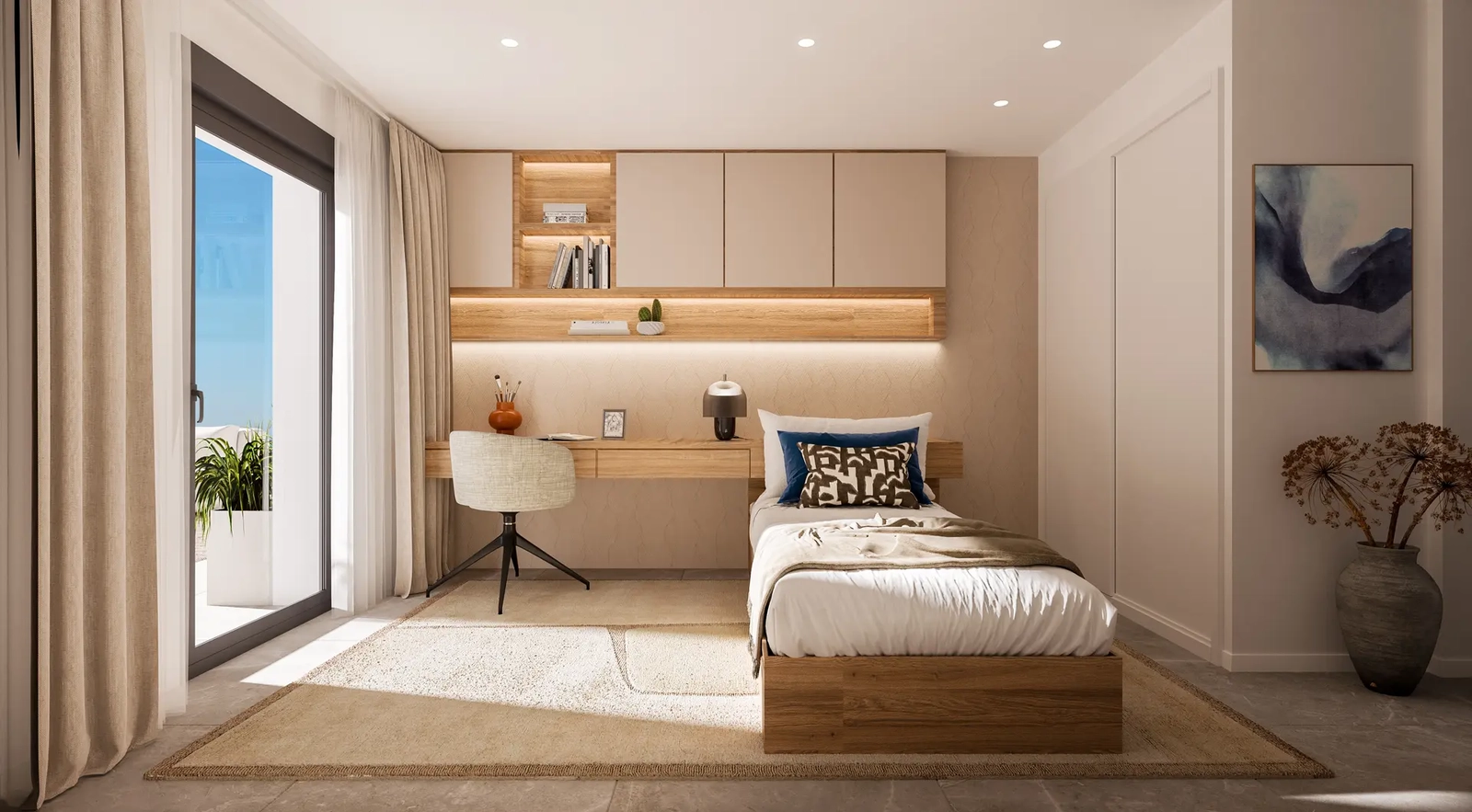 Een goed ingerichte tweede slaapkamer, ontworpen met comfort en stijl in gedachten, perfect voor familie of gasten.
