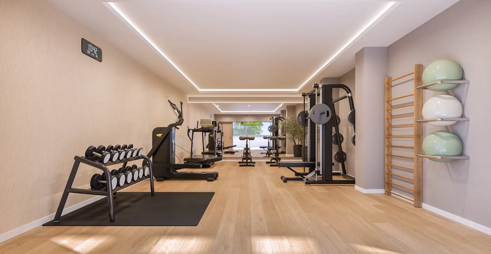 Blijf actief en gezond in de volledig uitgeruste fitnessruimte ter plaatse, exclusief beschikbaar voor bewoners.