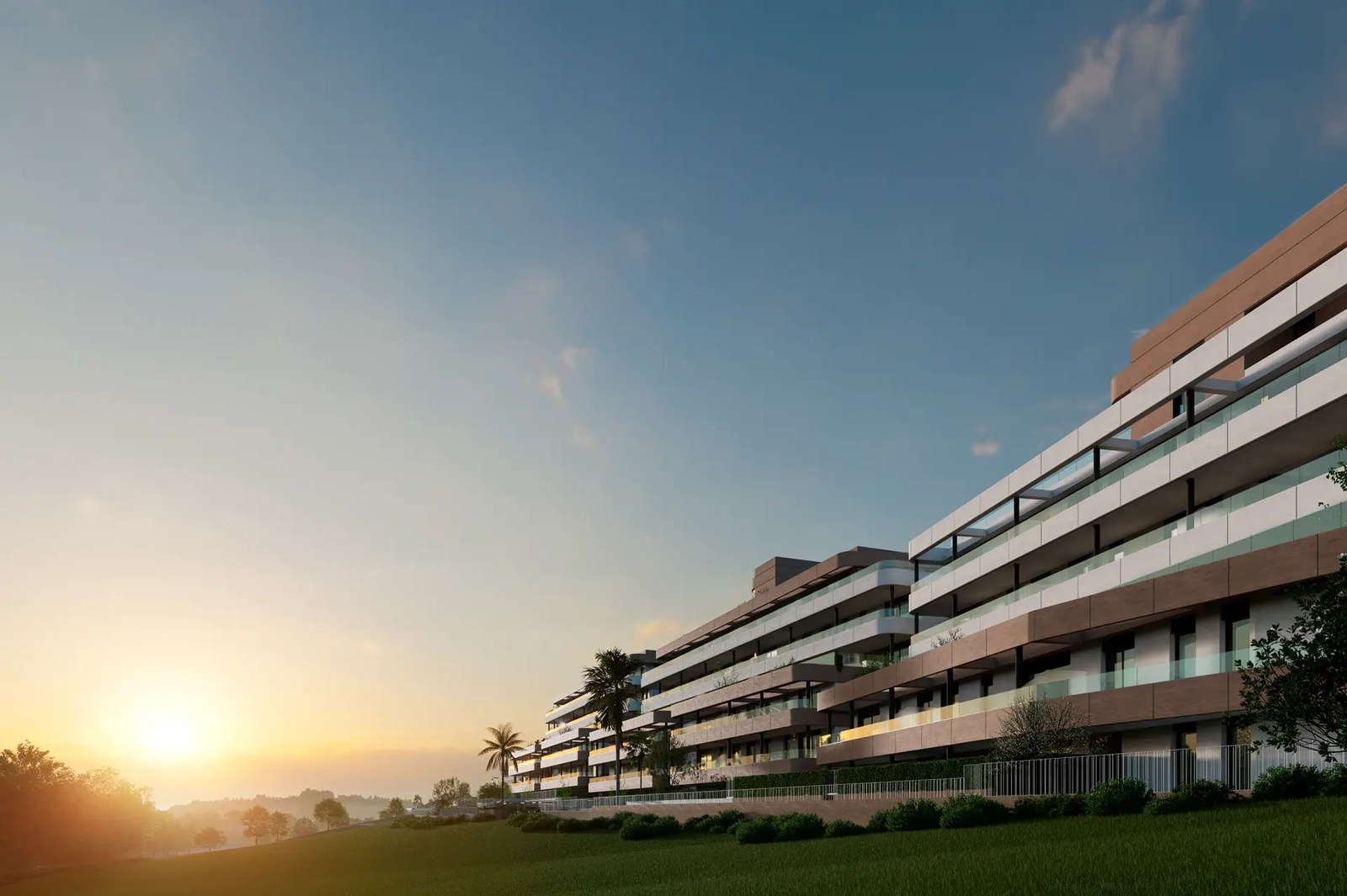 De eigentijdse architectuur van het complex straalt prachtig tijdens het gouden uur van zonsondergang.