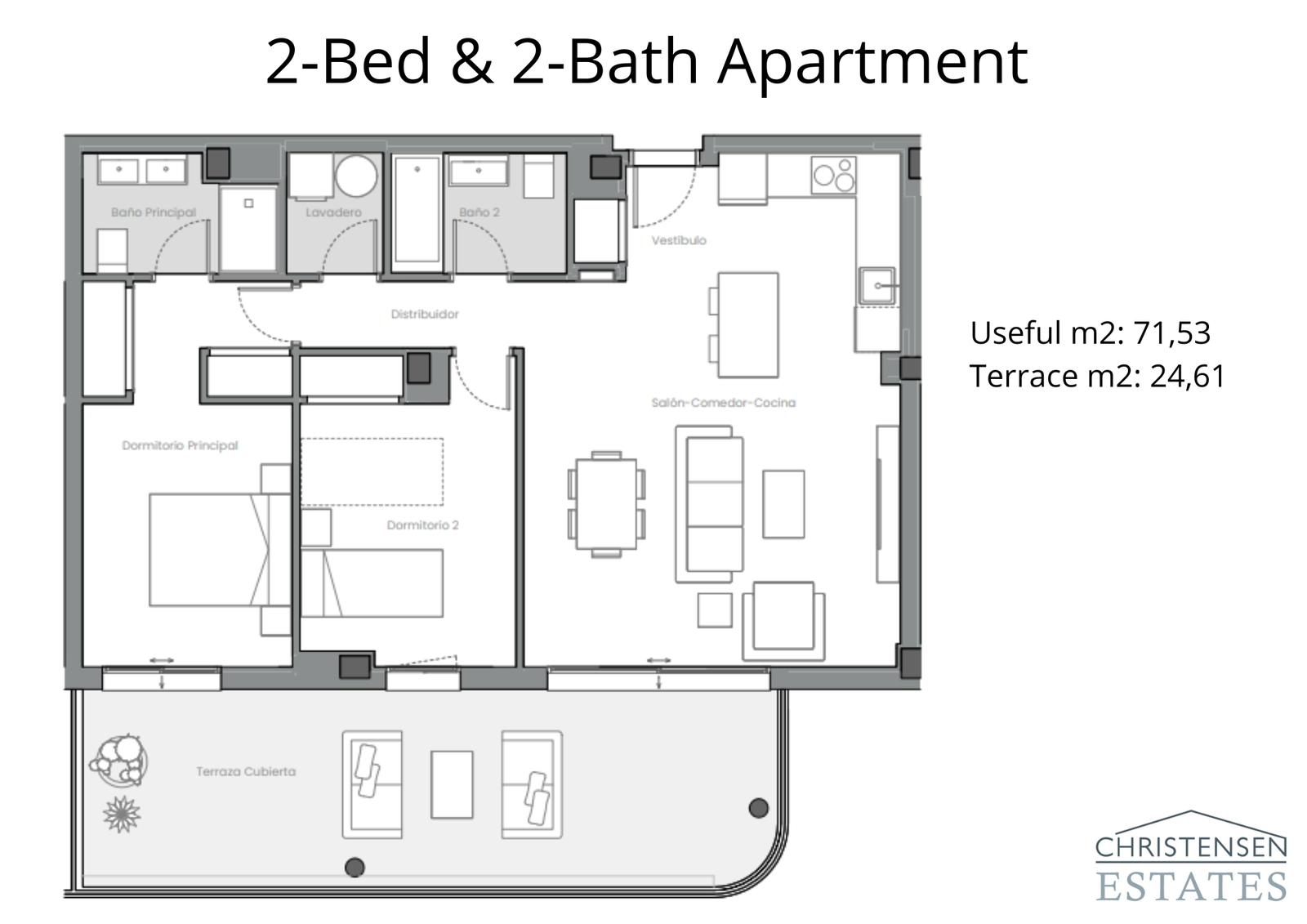 Deze indeling met twee slaapkamers is ontworpen voor comfort en doorstroom, met een open woonkamer die uitkomt op een royaal terras.