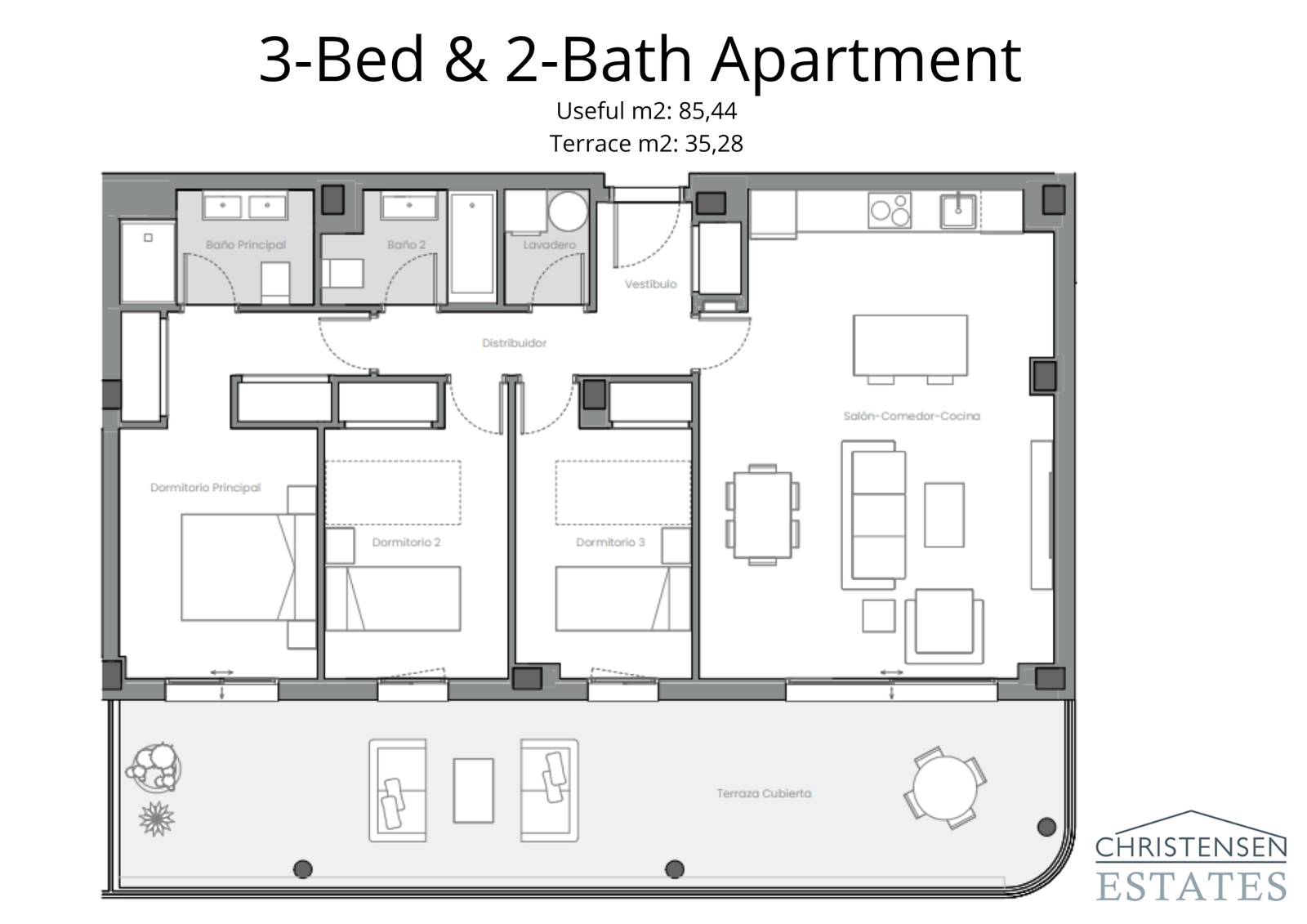 De ruime plattegrond met drie slaapkamers biedt flexibel wonen, met voldoende ruimte voor familie en gasten en een groot terras om van het buitenleven te genieten.