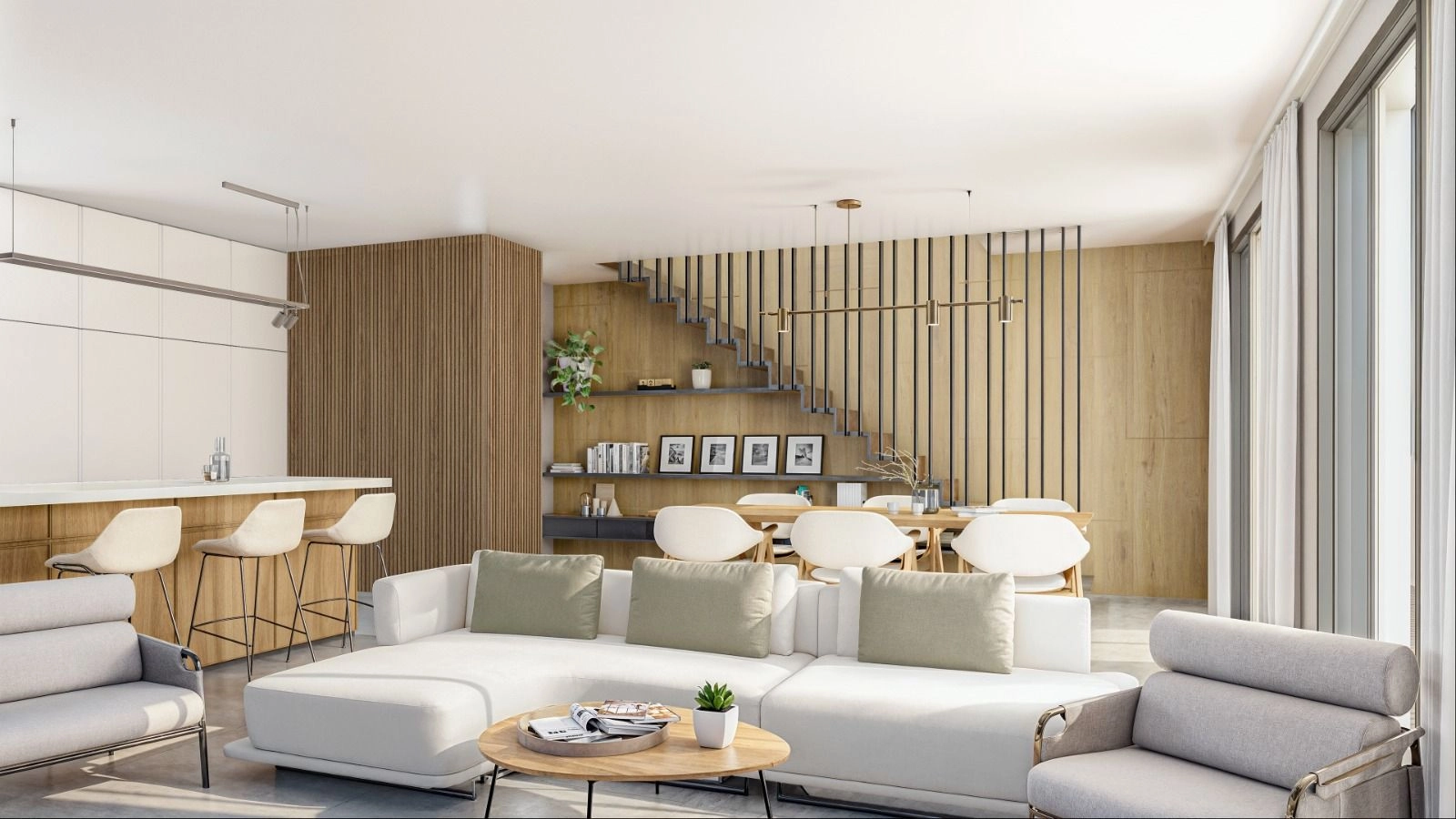 Een open woonruimte die modern design combineert met een warme, uitnodigende sfeer.