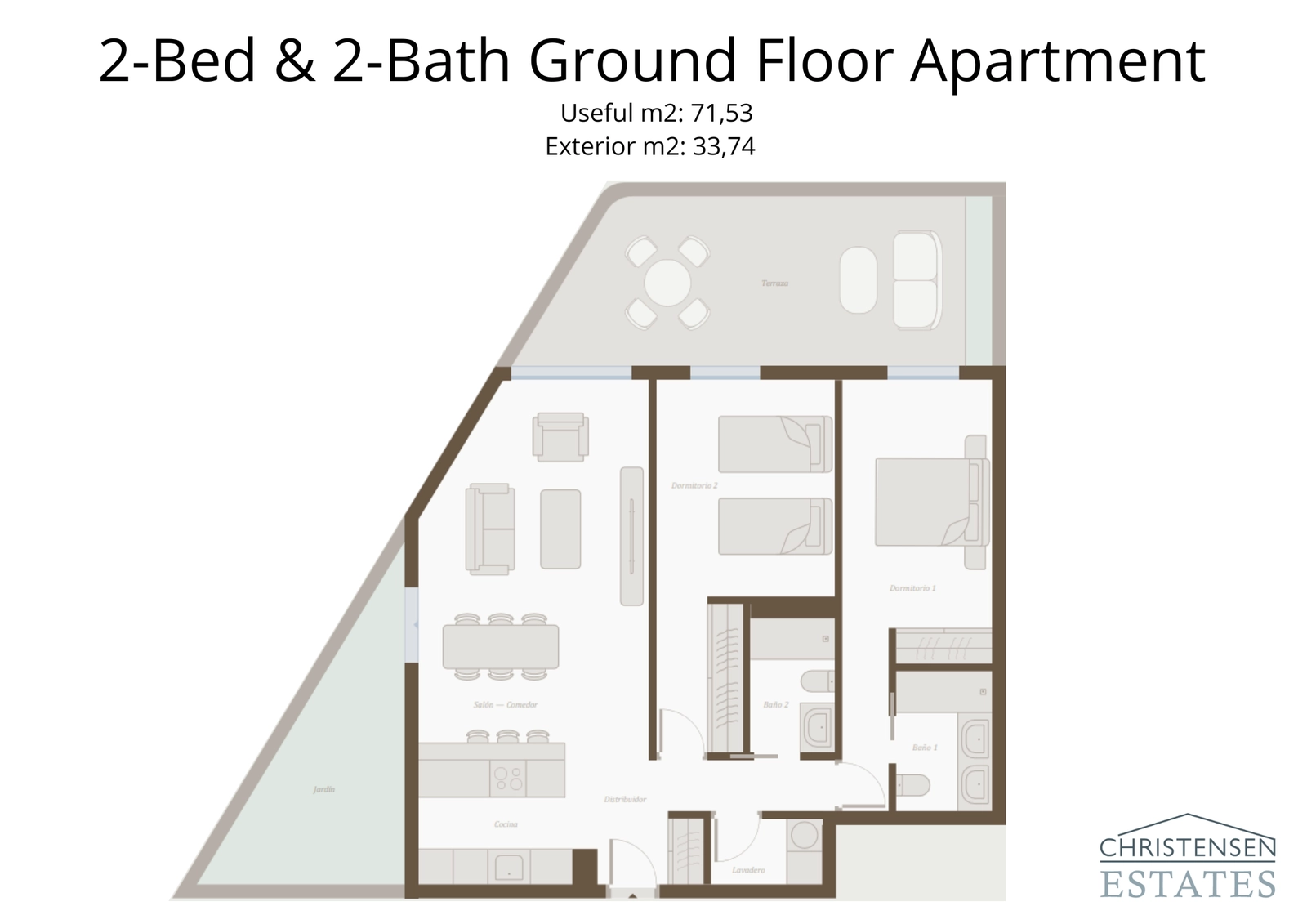 Plattegrond van een appartement met twee slaapkamers op de begane grond, met een ruime woonkamer die uitkomt op een privétuin.
