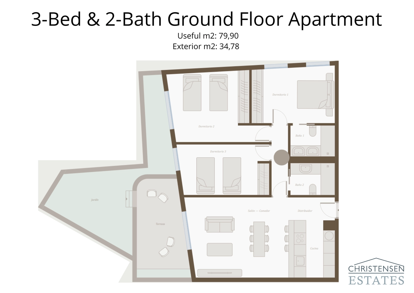Deze plattegrond met drie slaapkamers op de begane grond biedt een royale binnenruimte die is verbonden met een groot terras en tuin voor perfect binnen-buitenleven.