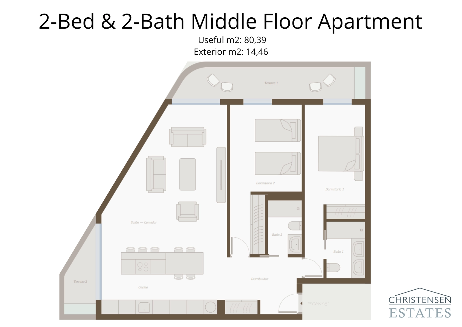 Een goed ontworpen plattegrond van een appartement met twee slaapkamers, die efficiënt ruimtegebruik en een goede doorstroming naar het buitenterras toont.