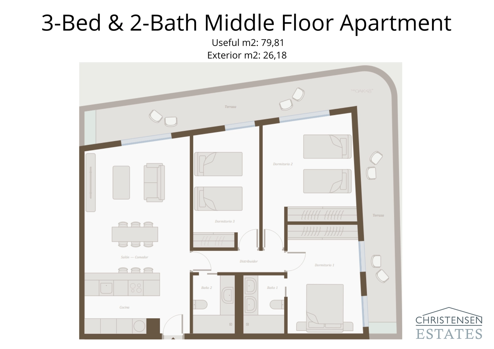 Plattegrond van een appartement met drie slaapkamers, ontworpen om comfort en natuurlijk licht te maximaliseren, met een ruim terras.