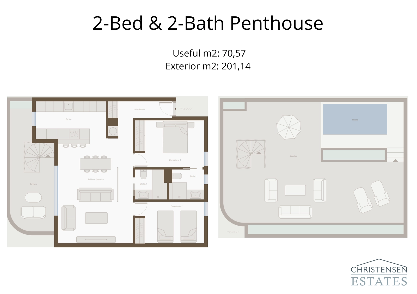 De plattegrond van het penthouse met twee slaapkamers omvat een prachtig solarium op het dak met een privézwembad, voor een exclusieve levensstijl.
