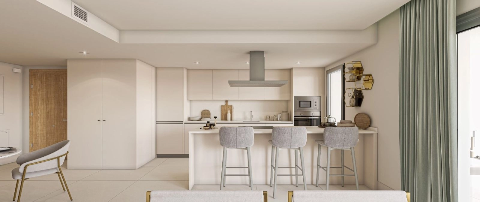 De open keuken vloeit over in de woonkamer, waardoor een gezellige ruimte ontstaat voor modern wonen.