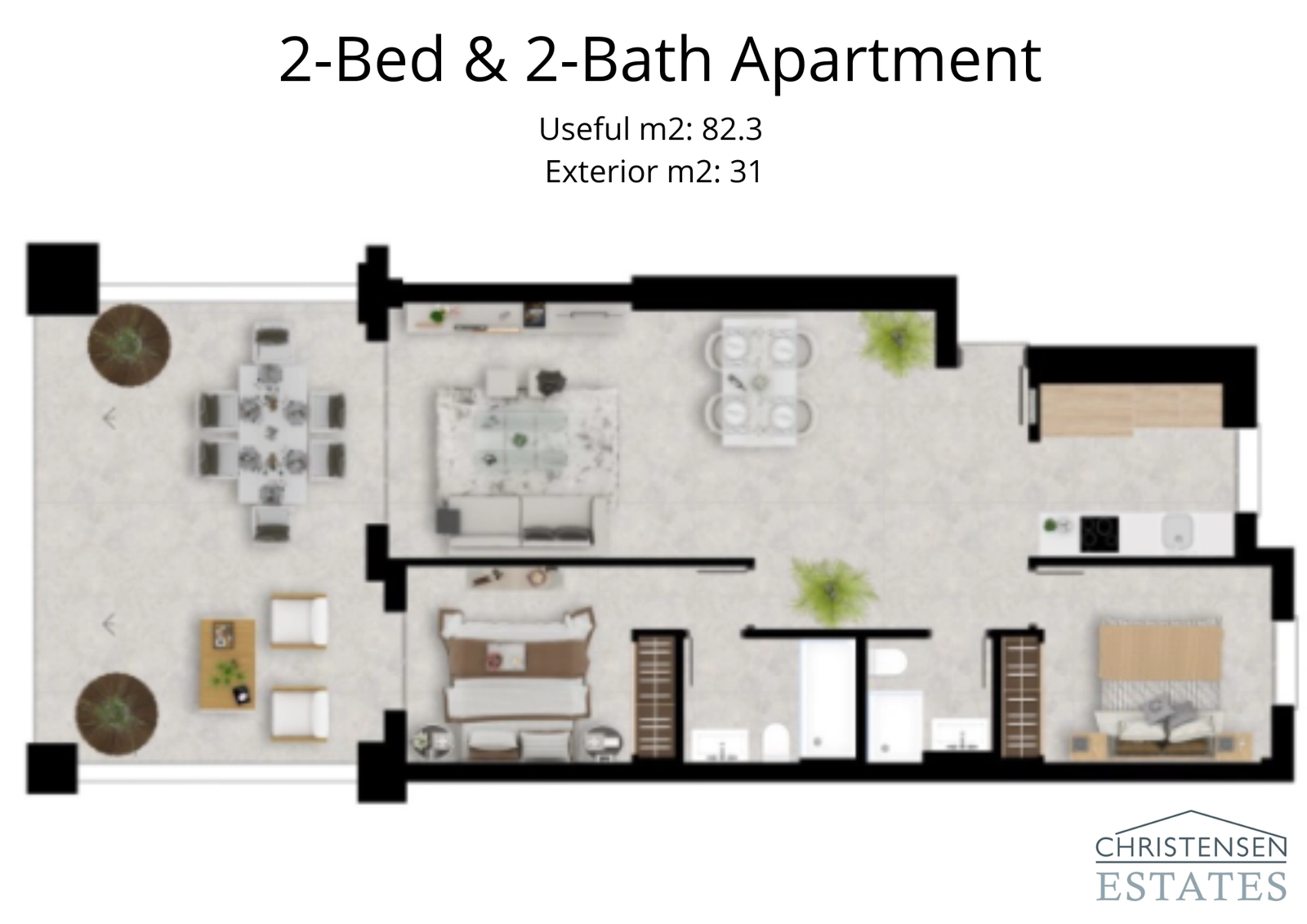 Deze indeling met twee slaapkamers biedt een ruime woonkamer die uitkomt op een royaal terras, perfect om van het uitzicht te genieten.