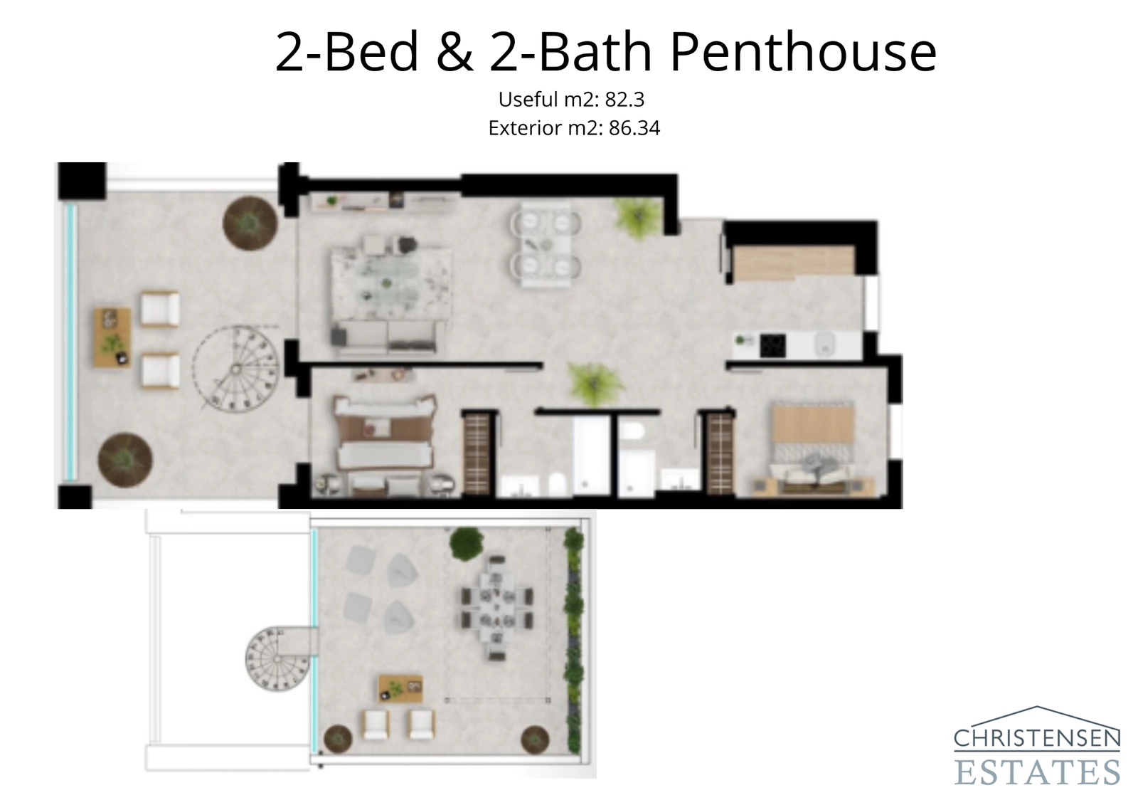 Een elegant penthouse-ontwerp met twee slaapkamers, voorzien van een prachtig dakterras voor privé buitenleven en entertainment.
