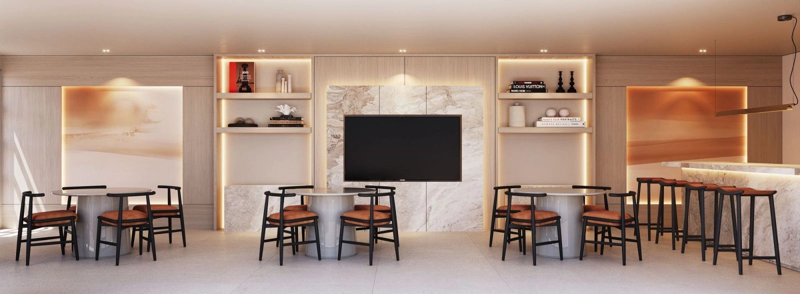 De stijlvolle gourmetclub biedt een verfijnde sociale ontmoetingsplaats voor bewoners en hun gasten om samen te komen en te ontspannen.