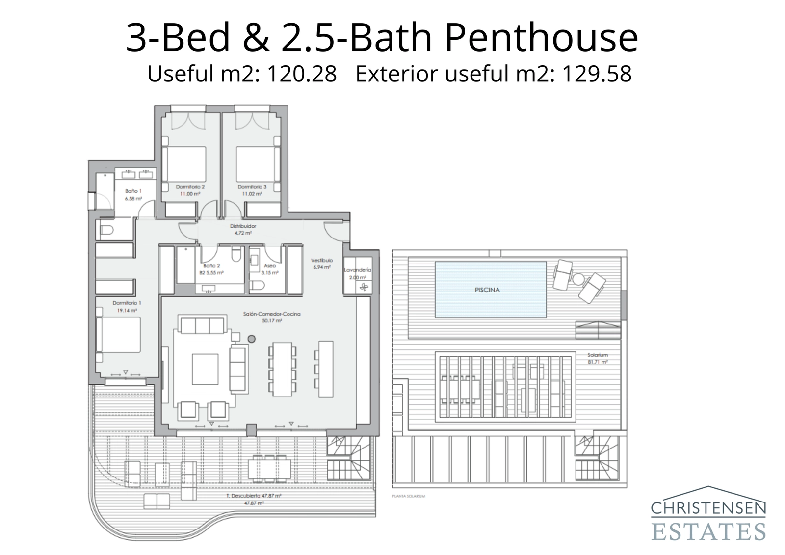De indeling van dit penthouse met drie slaapkamers toont een ontwerp met twee verdiepingen, een uitgebreid dakterras en een privézwembad.