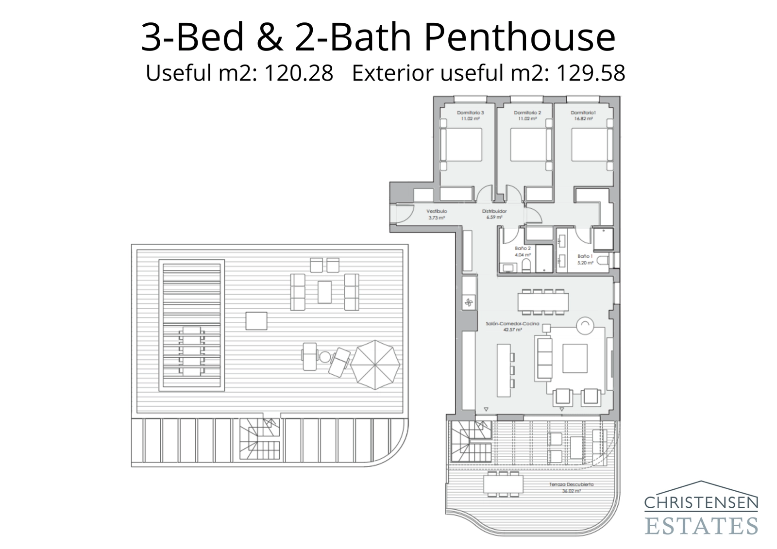 Plattegrond van een penthouse met drie slaapkamers, met de nadruk op de woonruimtes en de verbinding met het dakterras op de bovenverdieping.