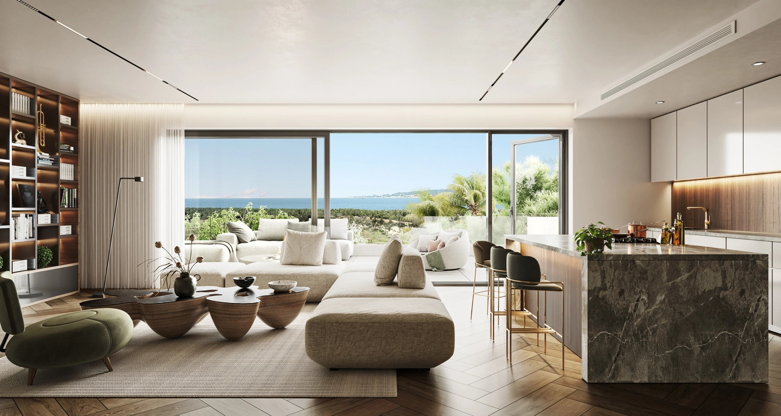 Een luchtfoto die de bevoorrechte locatie van het project toont, genesteld tussen groene golfbanen en de blauwe zee.