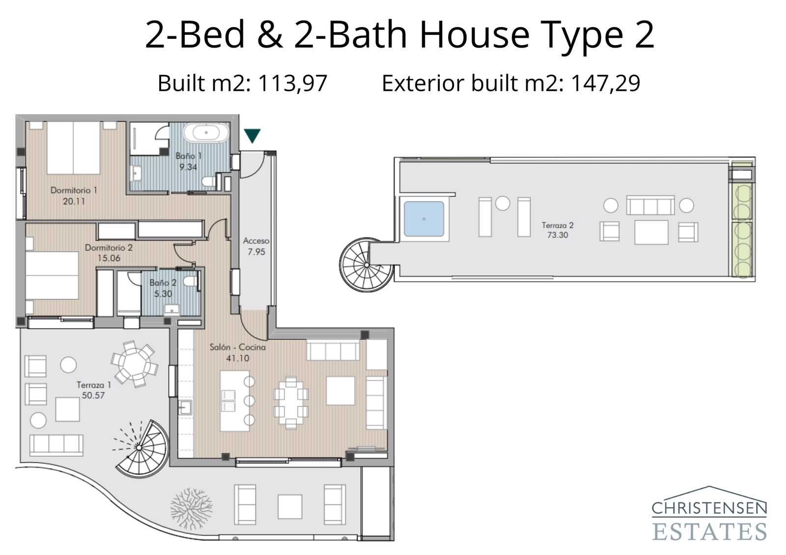 Een intelligent ontworpen appartement met twee slaapkamers en een uitgestrekt terras dat de leefruimte naar buiten uitbreidt.