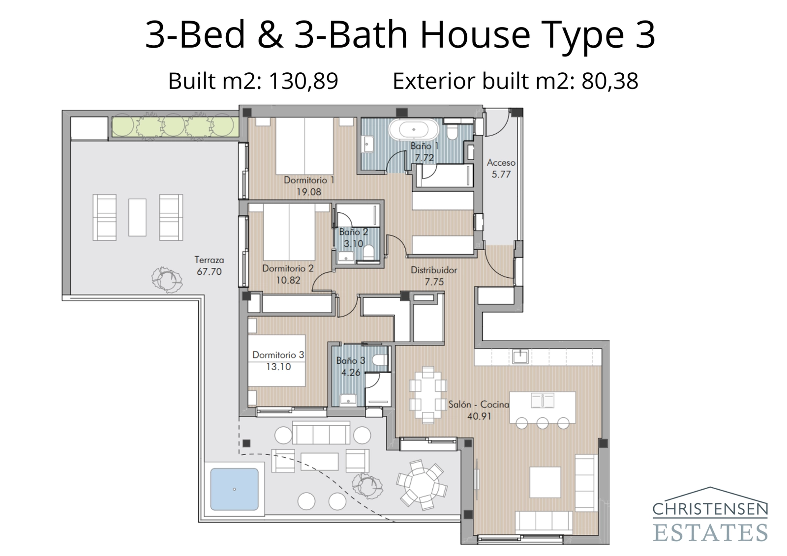 Een ruime appartementindeling met drie slaapkamers, met royale woonruimtes en een groot terras om van het klimaat te genieten.