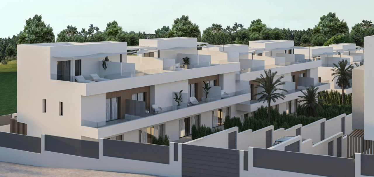 Een uitzicht op de elegante buitenarchitectuur en privéterrassen.