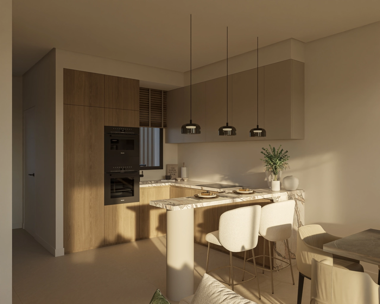 Een moderne keuken met elegante afwerkingen en een praktische ontbijtbar.