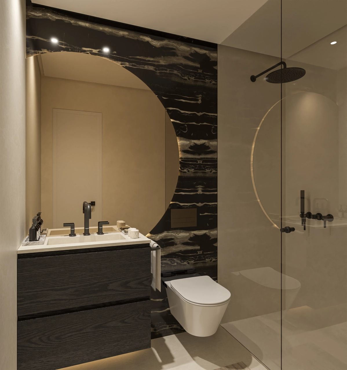 Een verfijnde badkamer met stijlvol design en hoogwaardige materialen.
