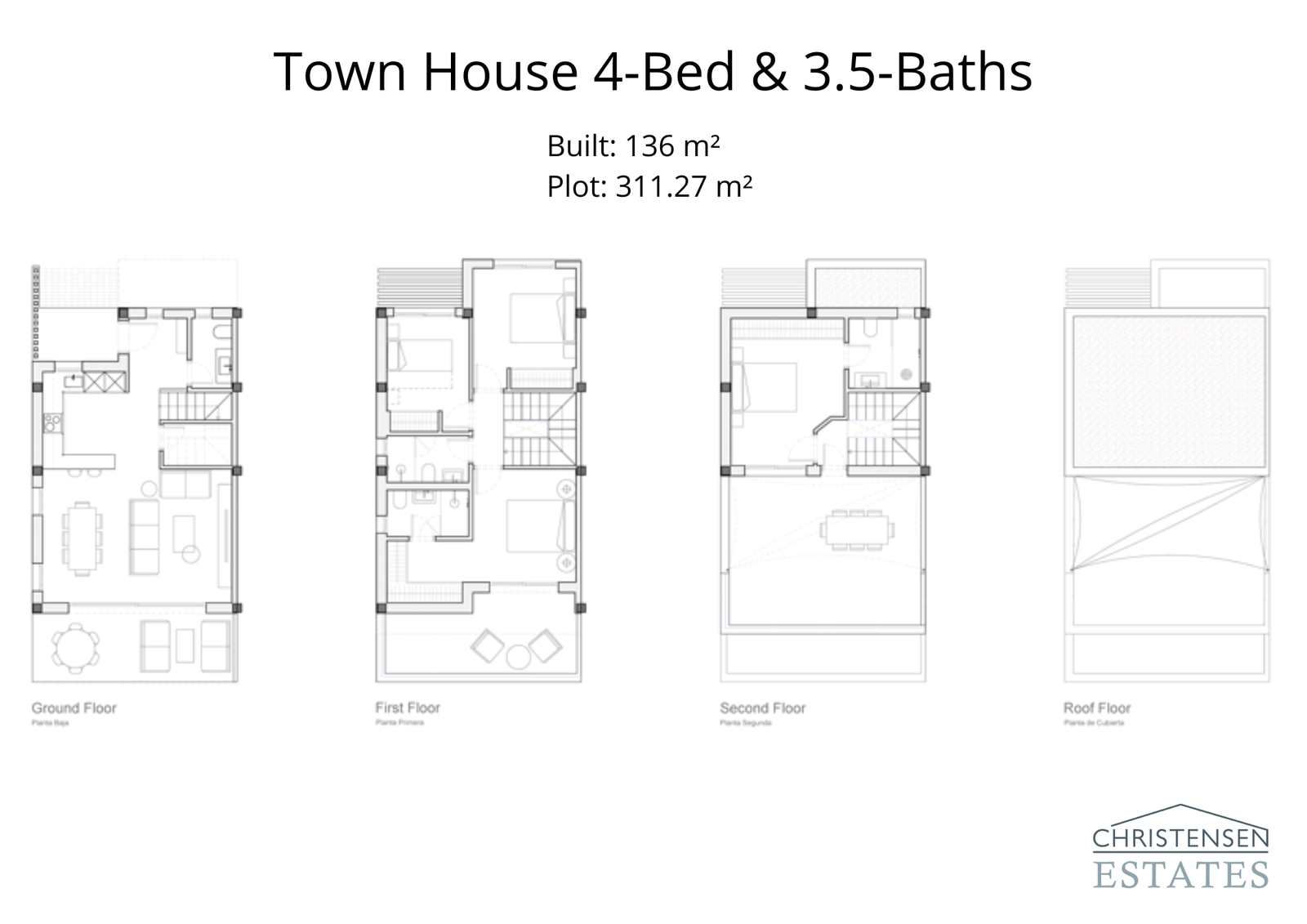 De indeling voor de vier-slaapkamer twee-onder-een-kapwoning, met 136 m² bebouwde oppervlakte voor gezinnen die extra ruimte en comfort zoeken.