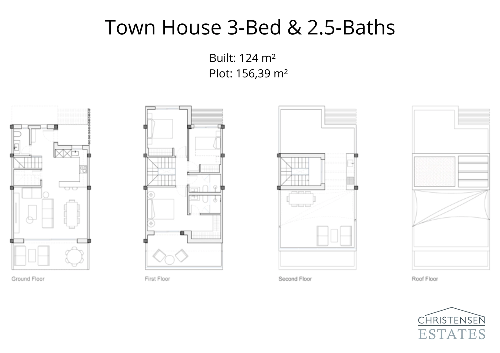 Deze plattegrond van de rijtjeswoning met drie slaapkamers toont een doordacht ontworpen woning van 124 m² met efficiënt ruimtegebruik.