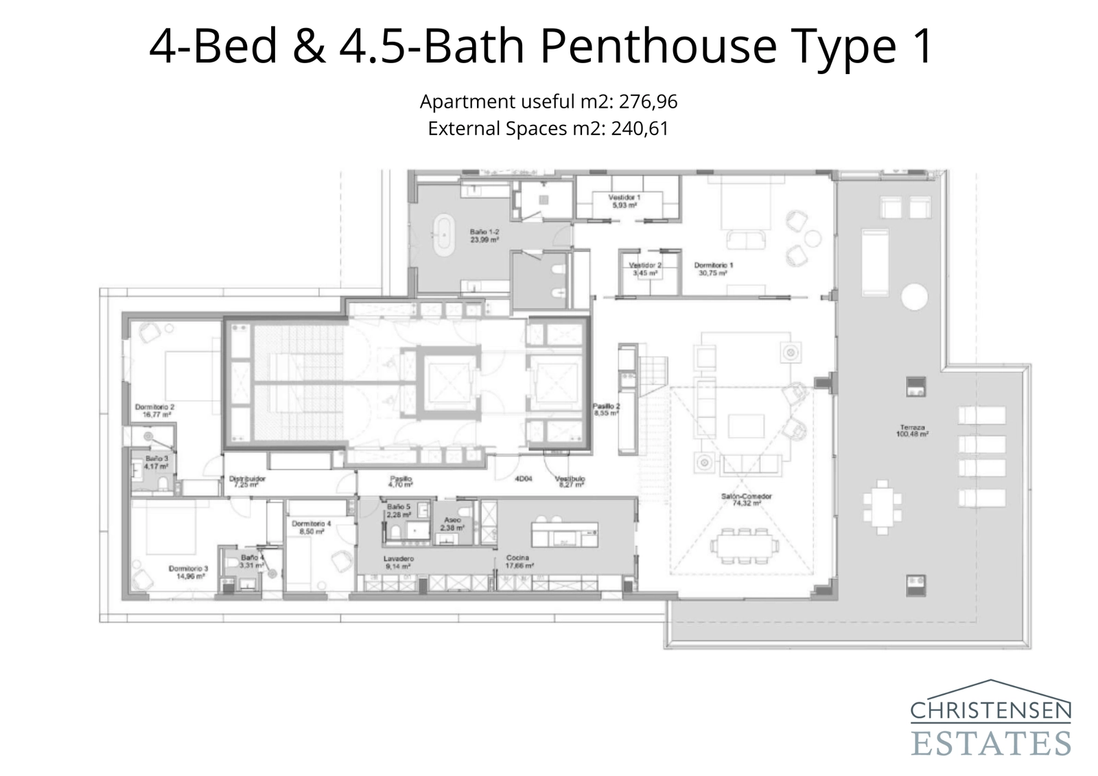 Deze ruime penthouse-indeling met vier slaapkamers is ontworpen voor luxe wonen, met een royale woonkamer die uitkomt op een prachtig terras van 153 m², met uitzonderlijk zeezicht.