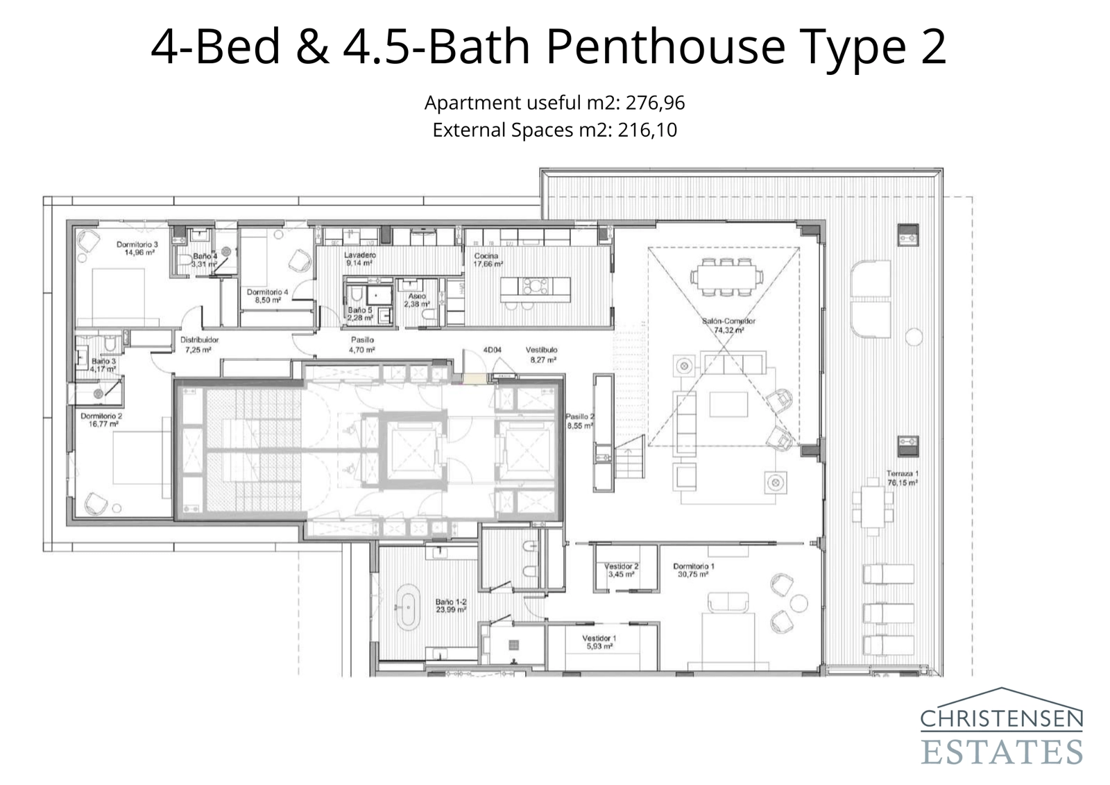 Een alternatieve penthouse-configuratie met vier slaapkamers, royale slaapkamersuites en een groot terras, perfect ontworpen om licht, ruimte en het prachtige kustlandschap te maximaliseren.