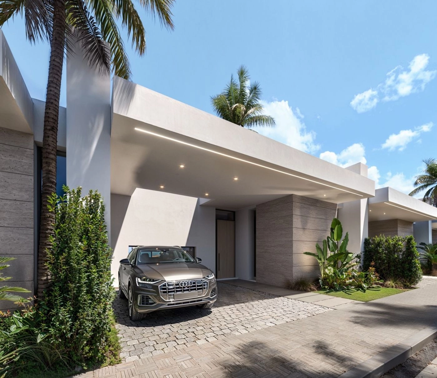 De elegante entree en overdekte parkeerplaats weerspiegelen de moderne bouwstijl van deze luxe woningen.