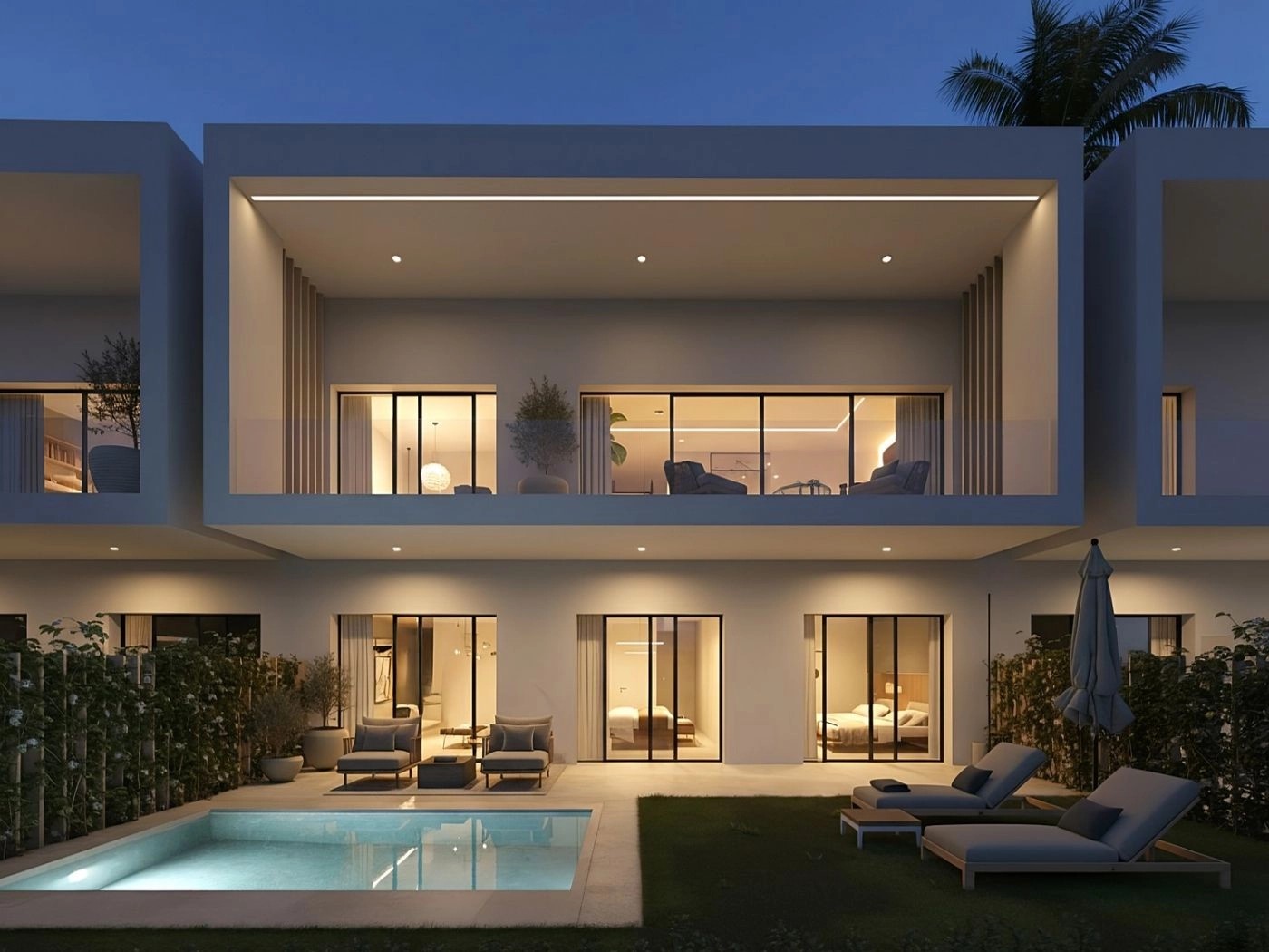 De buitenkant van de villa 's nachts, waarbij de strakke lijnen van de architectuur en de uitnodigende gloed van het privé zwembad worden benadrukt.
