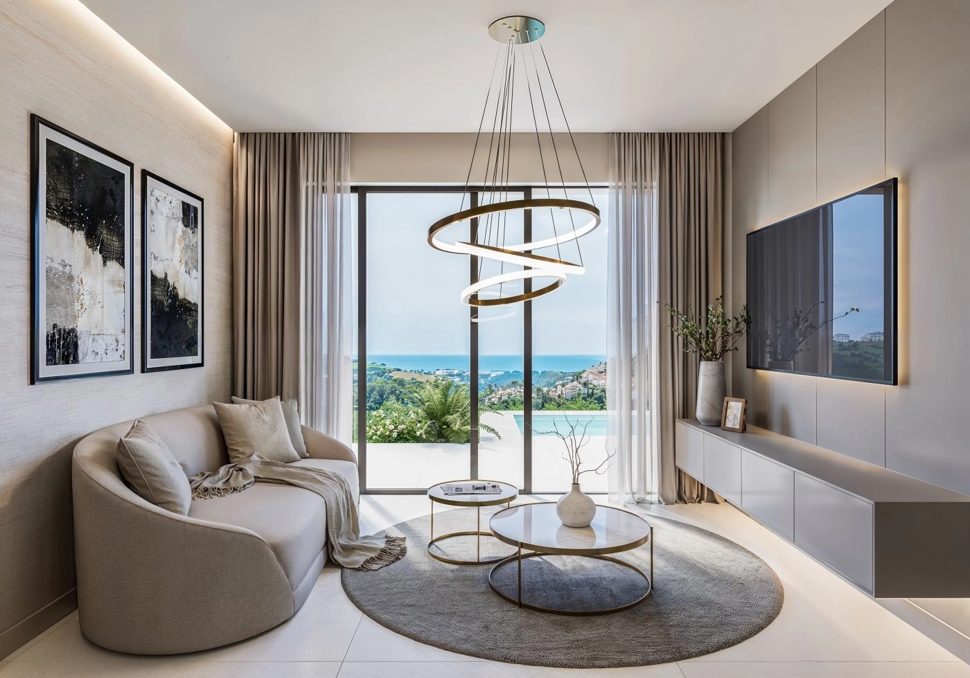 De woonkamer is ontworpen om het ongelooflijke uitzicht op zee te omlijsten, waardoor een perfecte ruimte voor ontspanning en entertainment ontstaat.