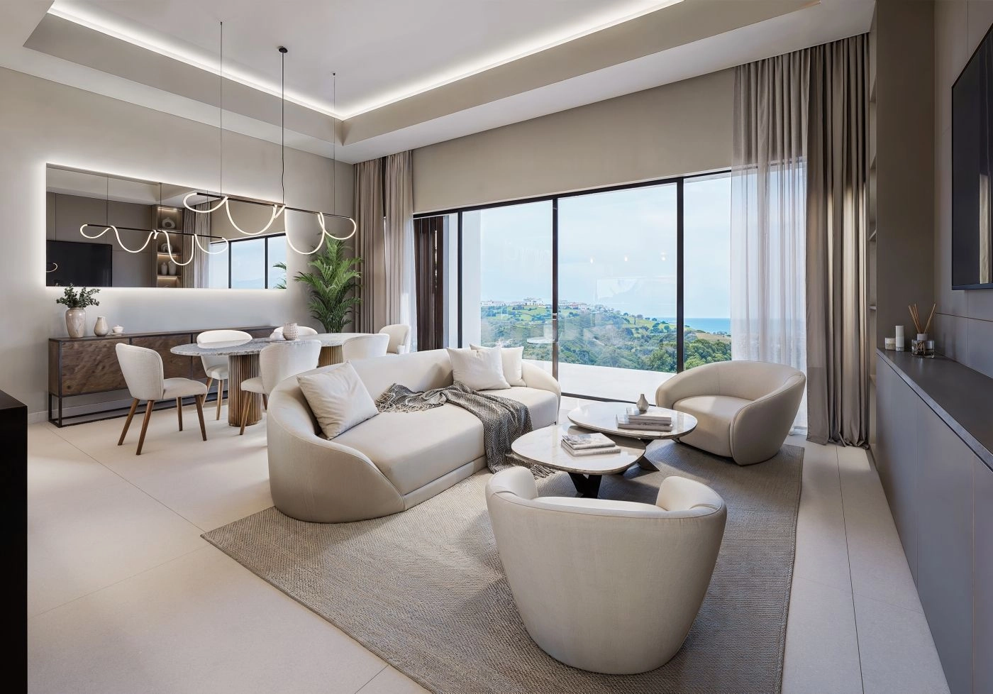 Een elegante en ruime woonkamer, gevuld met natuurlijk licht, die een naadloze verbinding met buiten biedt.