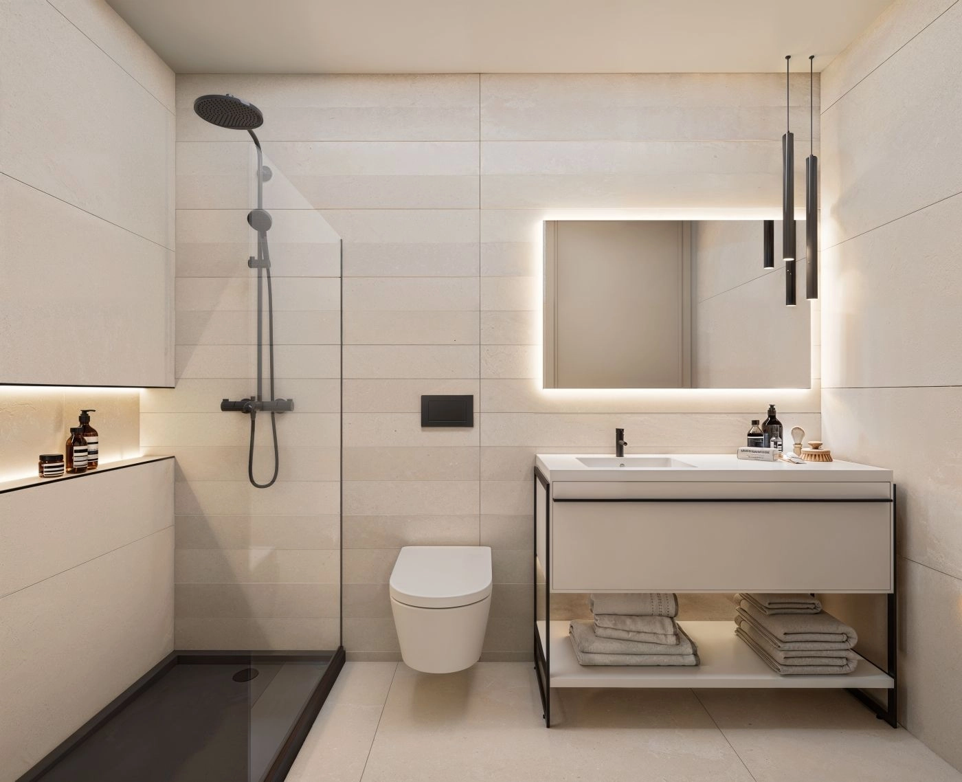 Een stijlvolle en moderne en-suite badkamer, ontworpen met hoogwaardige materialen en eigentijdse armaturen voor ultiem comfort.