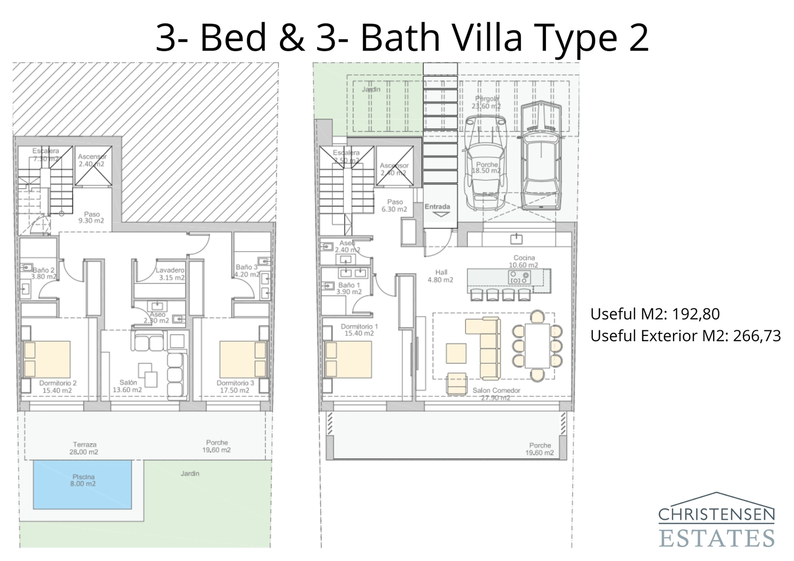 Plattegrond voor villa Type 2, die de royale indeling met drie slaapkamers met eigen badkamer en ruime woonvertrekken toont, ontworpen voor modern comfort.