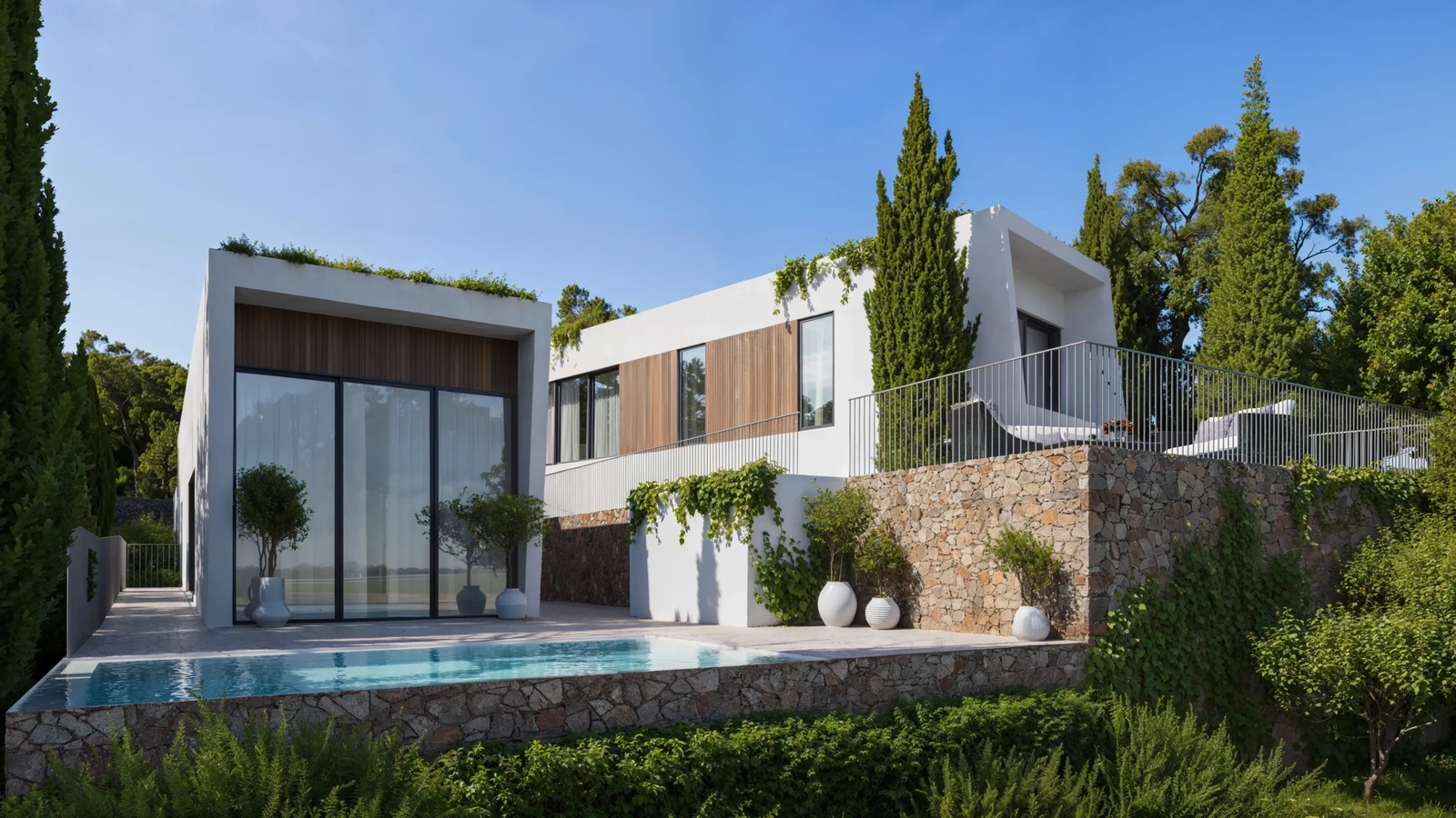 Strakke lijnen en natuurlijke materialen creëren een geraffineerd exterieur dat in complete harmonie is met de natuurlijke omgeving.