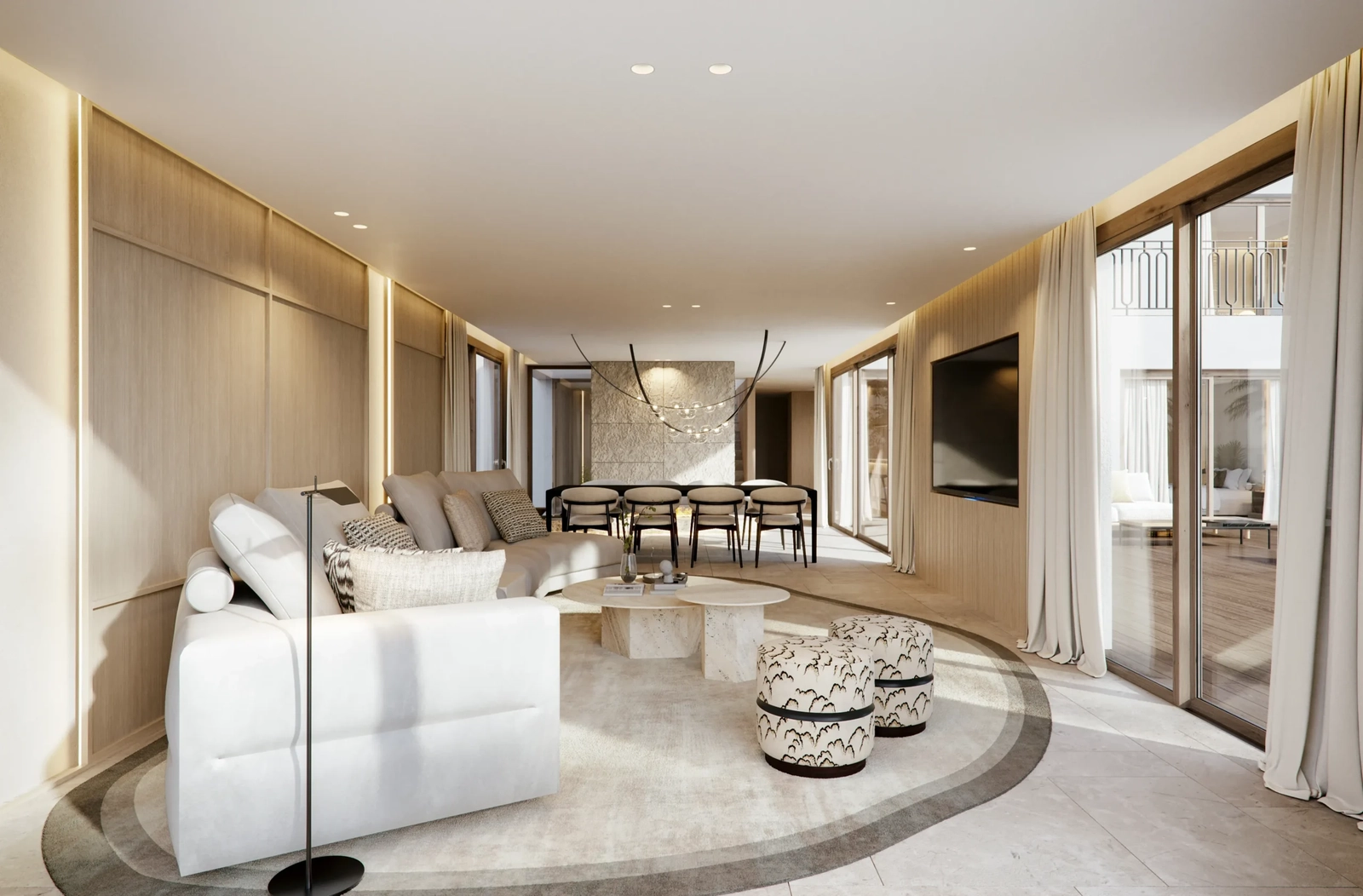 Grote ramen verbinden de binnenruimtes met de prachtige buitenterrassen, wat zorgt voor een vloeiende woonervaring.