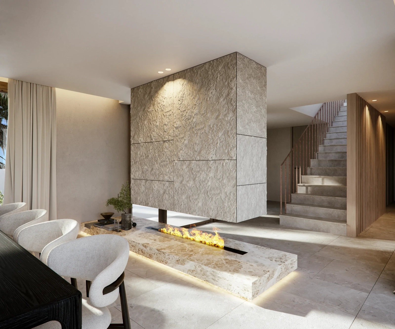 Een moderne open haard, vervaardigd uit natuursteen, dient als een prachtig middelpunt en voegt warmte en stijl toe.