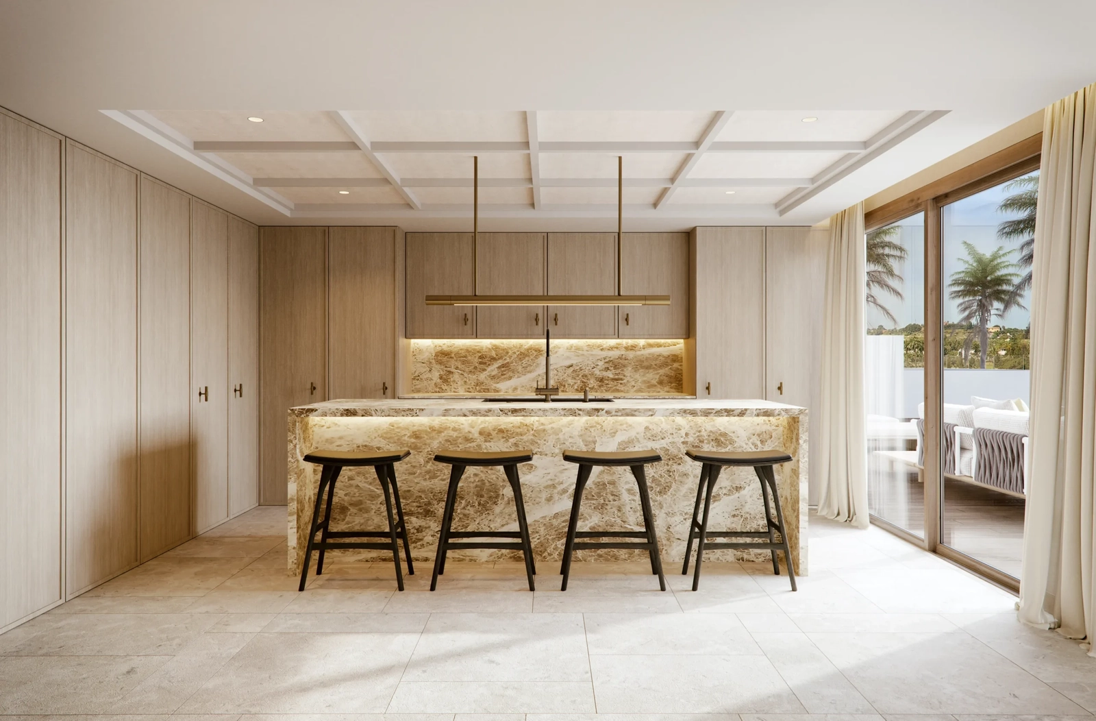 De designkeuken beschikt over een opvallend marmeren eiland en hoogwaardige apparatuur, perfect voor dagelijks gebruik en het ontvangen van gasten.