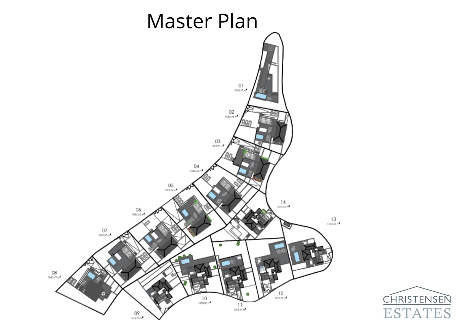 Dit masterplan illustreert de exclusieve en privé-indeling van het project, wat rust en ruimte voor elke woning garandeert.