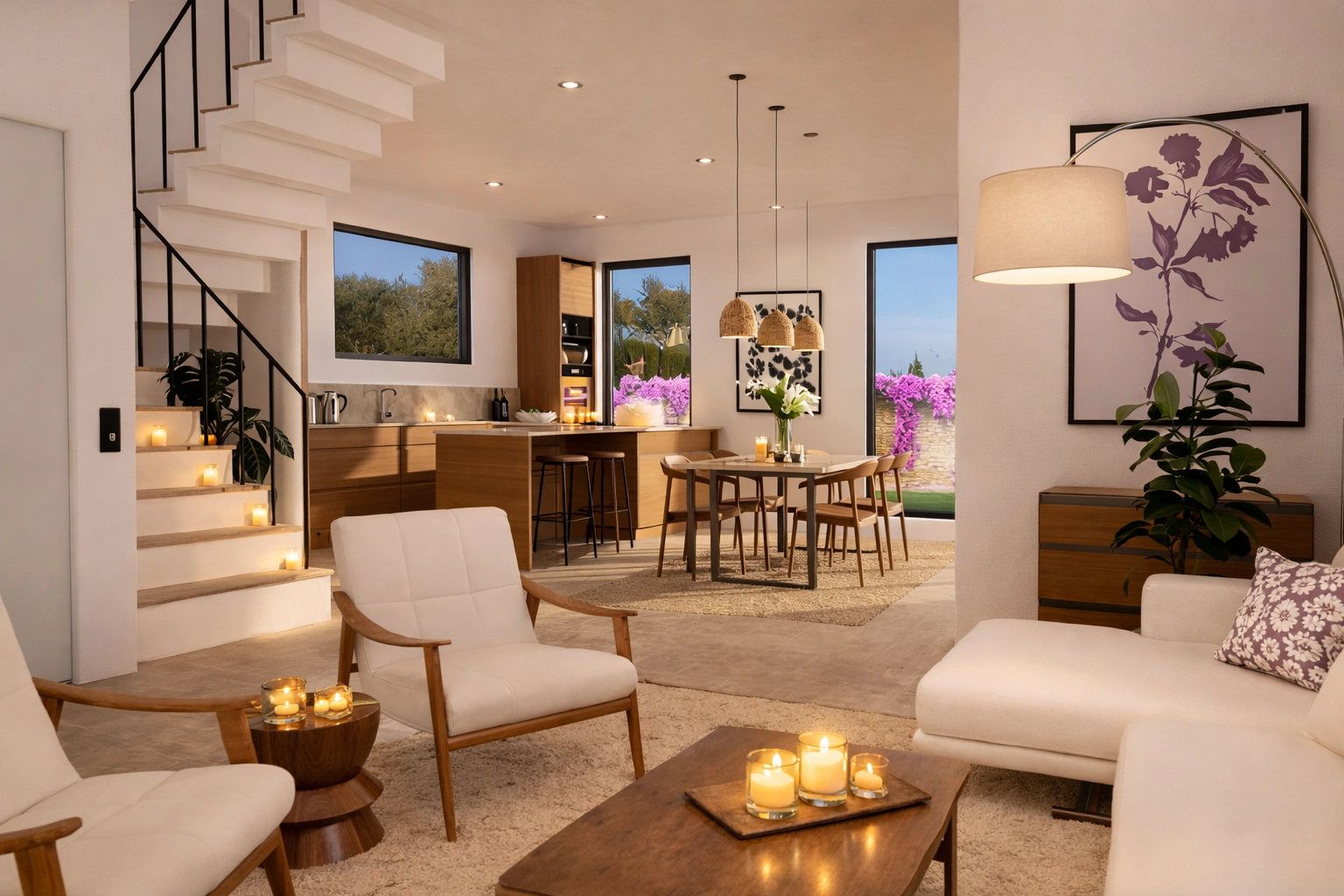 Het open ontwerp verbindt de woon-, eet- en keukenruimtes, wat een harmonieuze doorstroming op de begane grond creëert.